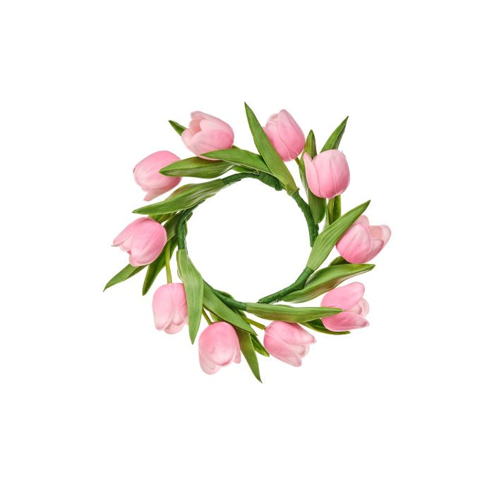Eleven-inch tulip-shaped candle ring in white ceramic with a smooth interior.