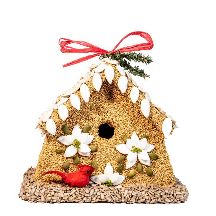 Hand-decorated Poinsettia House birdhouse with pumpkin seeds and canella berries on a premium seed coat.