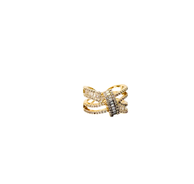 Gold fashion statement ring with a wide, crisscross band set with white and dark baguette stones.