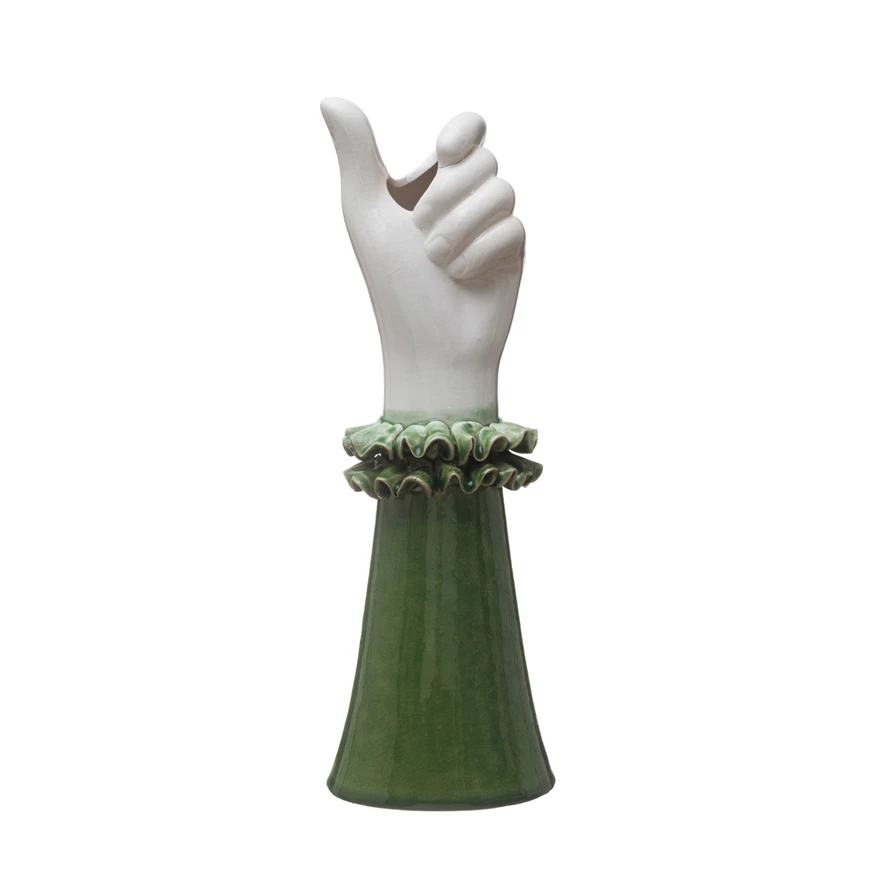 Stoneware hand-shaped vase with ruffled shirt sleeve silhouette in neutral tone