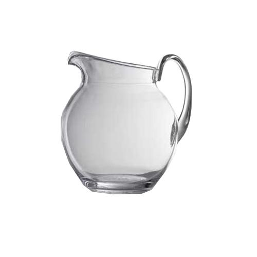 Clear glass Pallina pitcher with a rounded body and a curved handle, 7.25 inches tall.