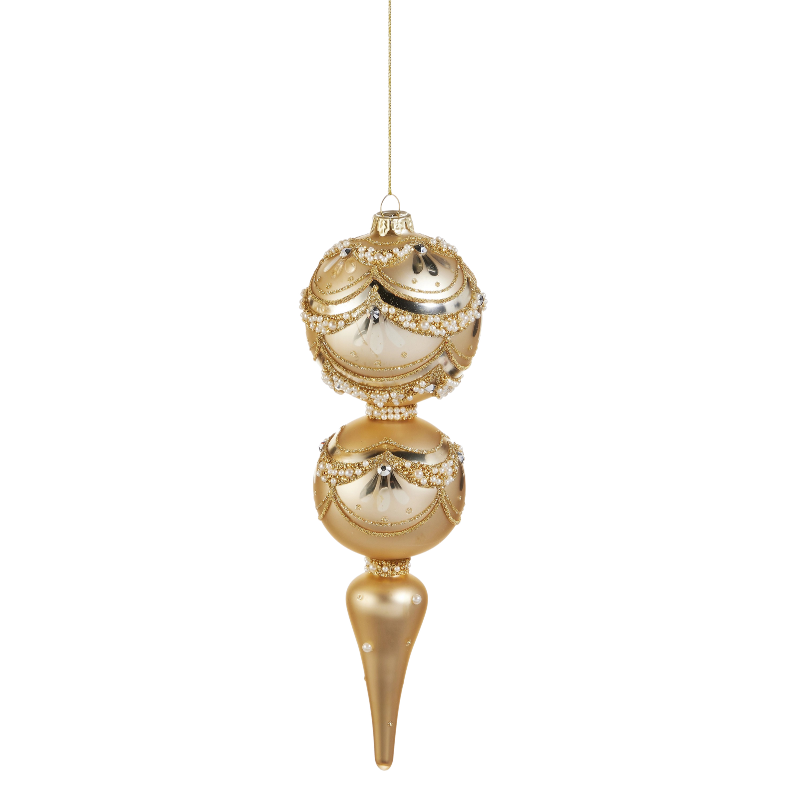11-inch gold glass finial ornament with pearl trim, glitter accents, and a pointed base.