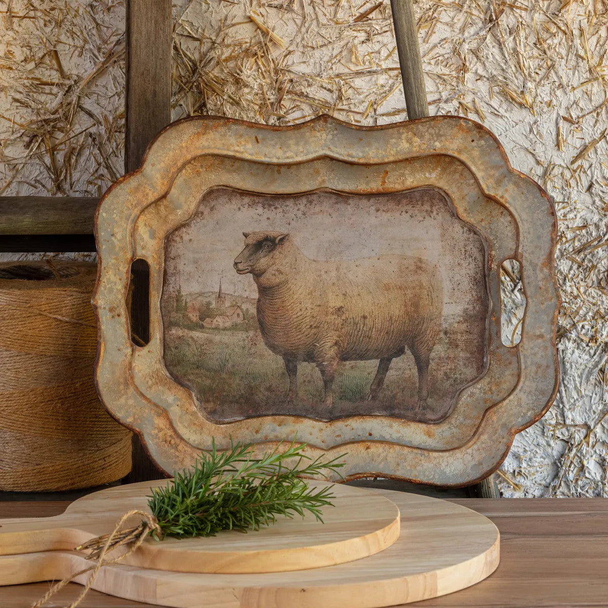 Vintage sheep tray with aged finish made from paper and plastic.