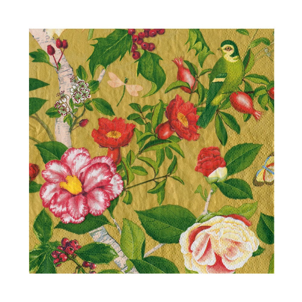 Christmas Chinoiserie Gold Luncheon Napkins with floral, bird, and berry botanical patterns.