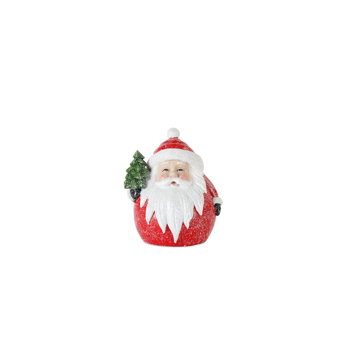 Small resin Chibbi Santa figurine in a red suit holding a miniature green Christmas tree.