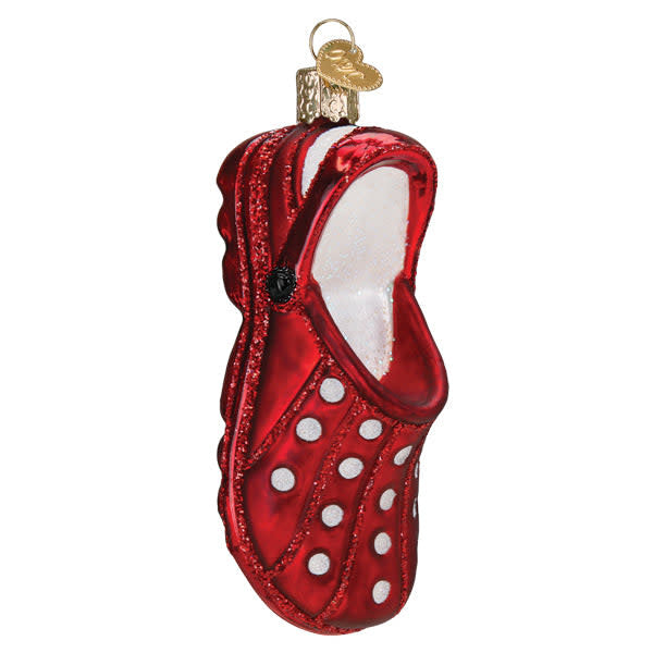 Red rubber clog ornament with classic silhouette and glossy finish
