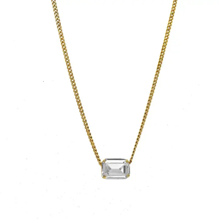 Antique gold plated brass necklace with clear crystals on a 14-inch chain.