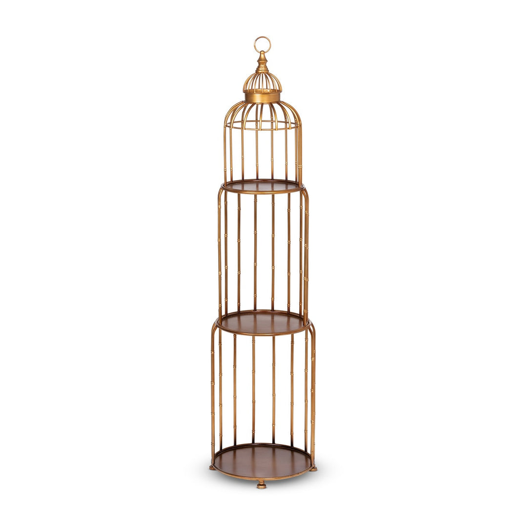 A three-tiered golden steel stacking etagere with a decorative birdcage-style top.