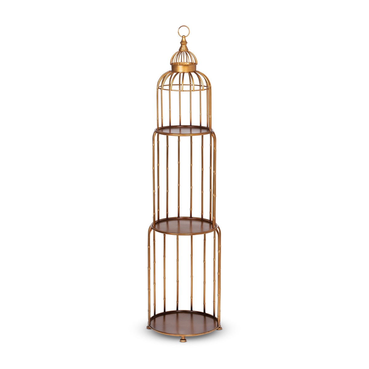 A three-tiered golden steel stacking etagere with a decorative birdcage-style top.