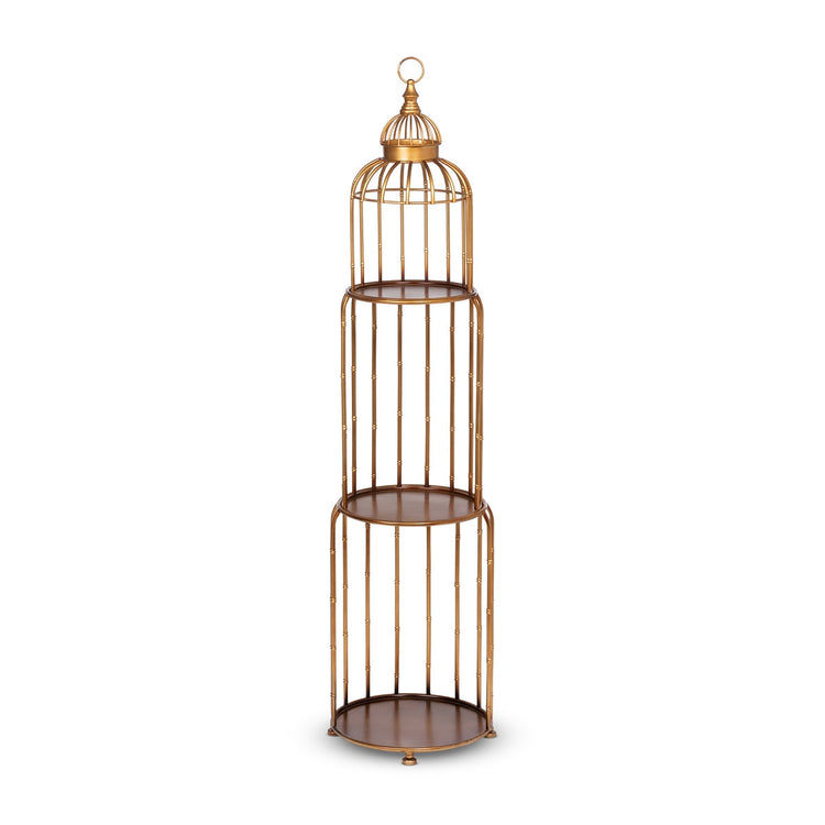A three-tiered golden steel stacking etagere with a decorative birdcage-style top.