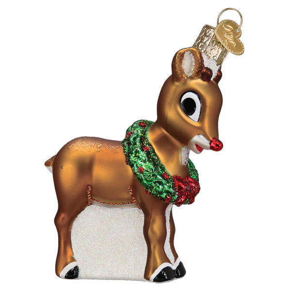 Red plastic Rudolph the Red-Nosed Reindeer ornament with glowing nose silhouette and antlers.