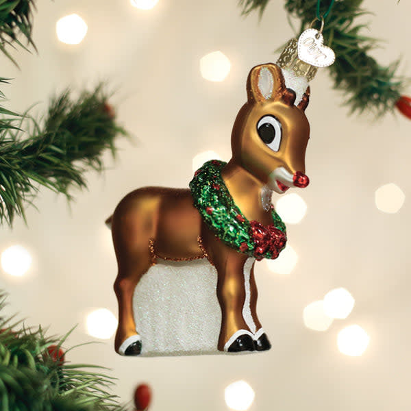 Red plastic Rudolph the Red-Nosed Reindeer Christmas ornament with glowing red nose and antlers.