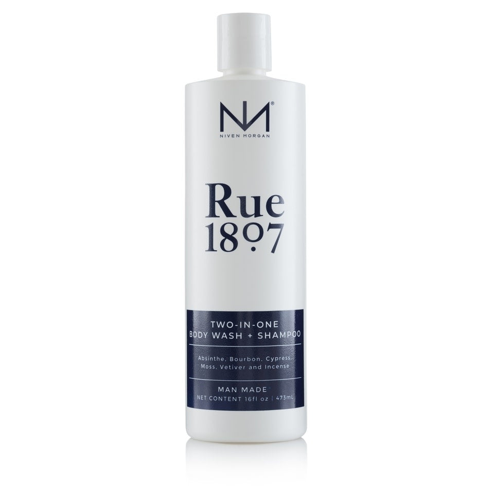 Bottle of Rue 1807 Body Wash and Shampoo with Absinthe scent notes.