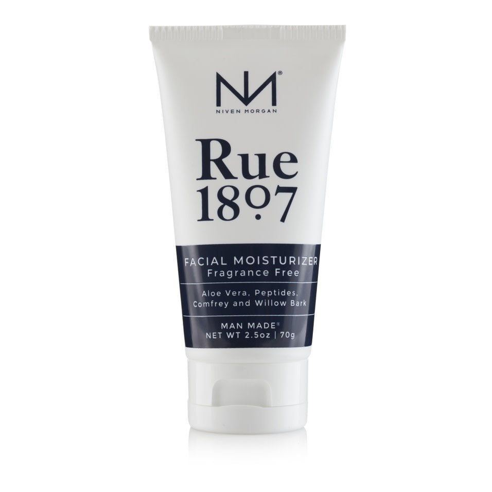 White bottle of Rue 1807 Moisturizer with a silver cap and black text label.