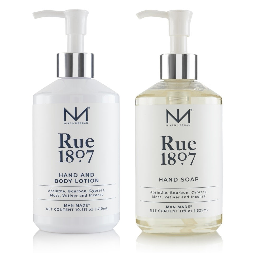 White organza drawstring bag containing Rue 1807 hand soap and lotion set.