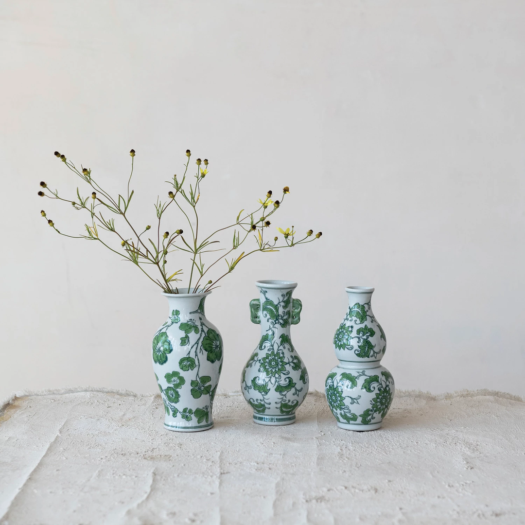 Hand-Painted Stoneware Vase with Floral Design - Sold Individually