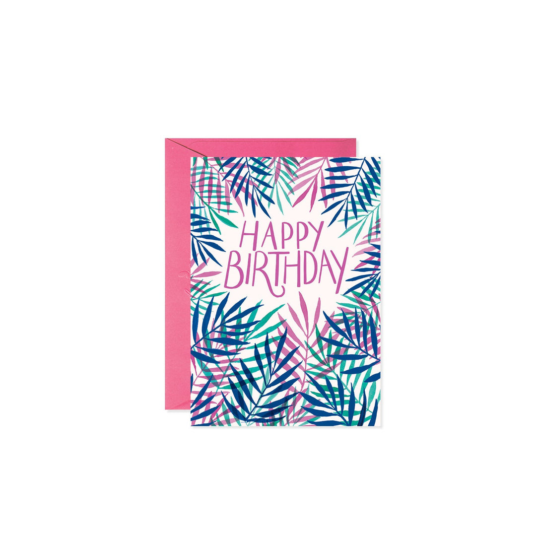 Happy Birthday card with vivid green frond illustration on front.