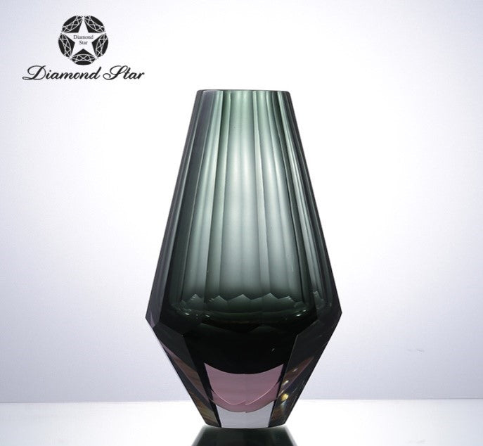 9.4-inch faceted smoke gray glass vase with a tapered geometric design and vertical ribbing.