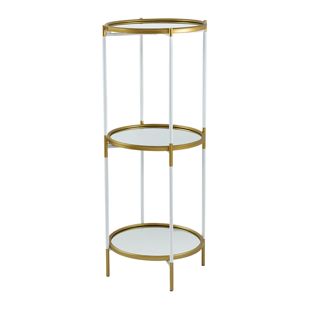 Three-tier metal shelf with mirrored accents on a dark wood base.