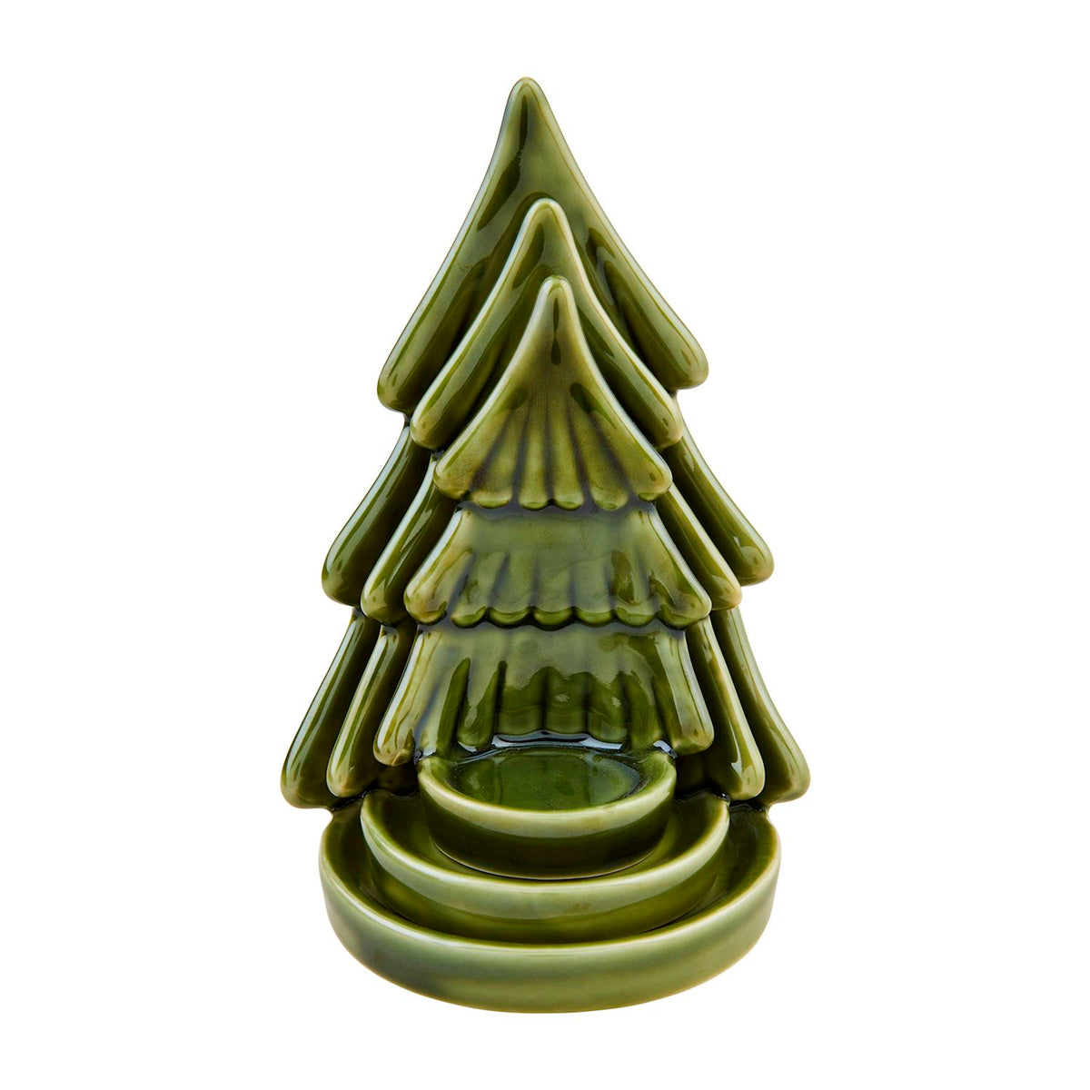 Set of three green stoneware Christmas tree votive candle holders nested together.