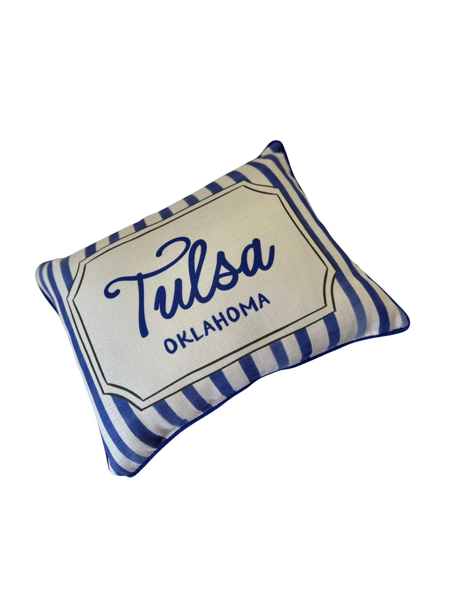 Blue and white French stripe pillow with Tulsa, Oklahoma printed inside a decorative frame.