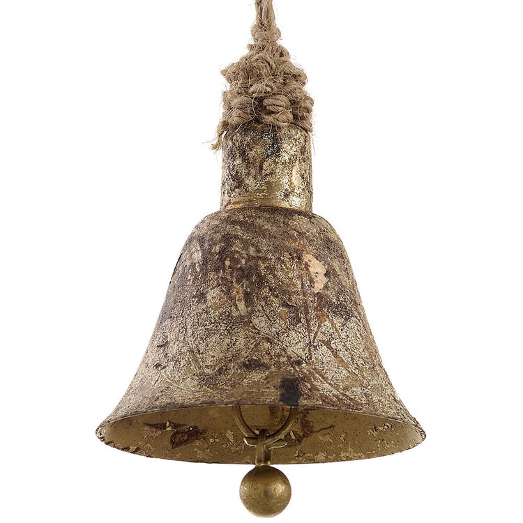 A round bell ornament made of iron with jute accents.