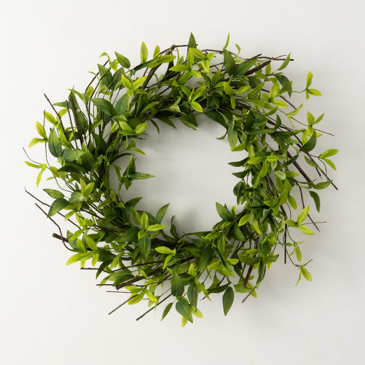 Ruscus & Twig wreath with faux green ruscus leaves and natural twigs on a round silhouette.