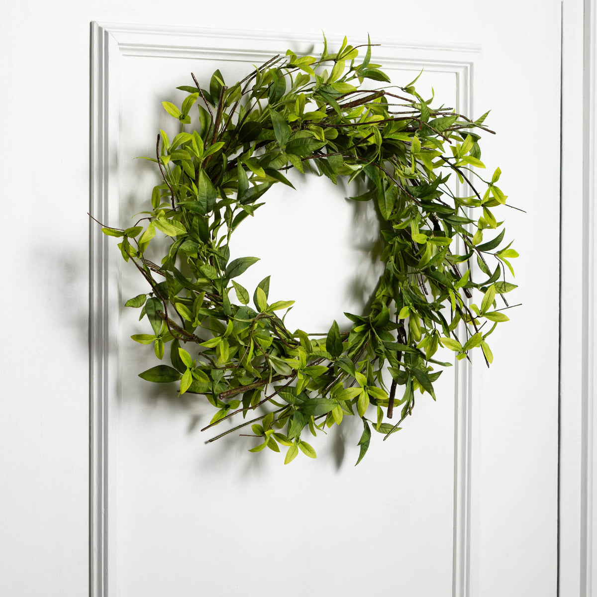 Ruscus & Twig wreath with faux green ruscus leaves and natural twigs on a round silhouette.