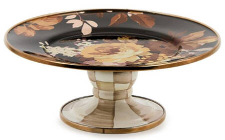 Wild Rose Brown Large Pedestal Platter with floral top and checkered base.