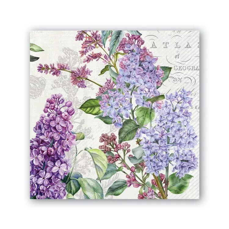 Square cocktail napkin featuring a vintage botanical illustration of purple and lilac flowers.