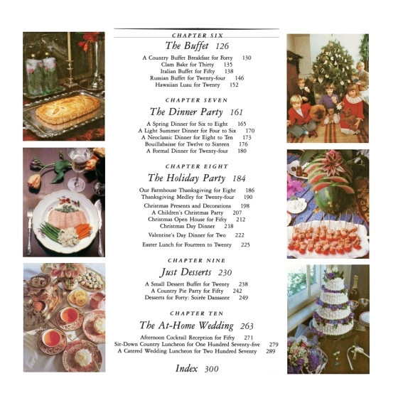 Table of contents from the book Entertaining, featuring chapters on buffets and holiday parties.