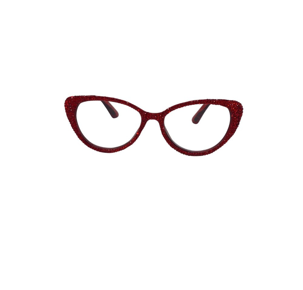 Red cat-eye rhinestone reading glasses with a sparkling crystal-covered frame.