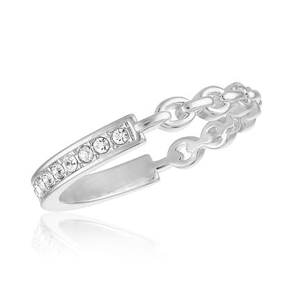 Silver half-chain stack ring with cubic zirconia stones in a modern silhouette.