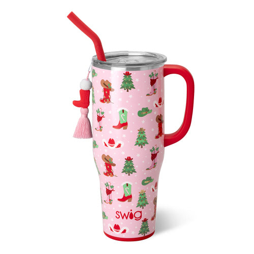40oz Mega Mug in silver stainless steel with a comfort-grip handle, flexi-tip straw, and silicone base.