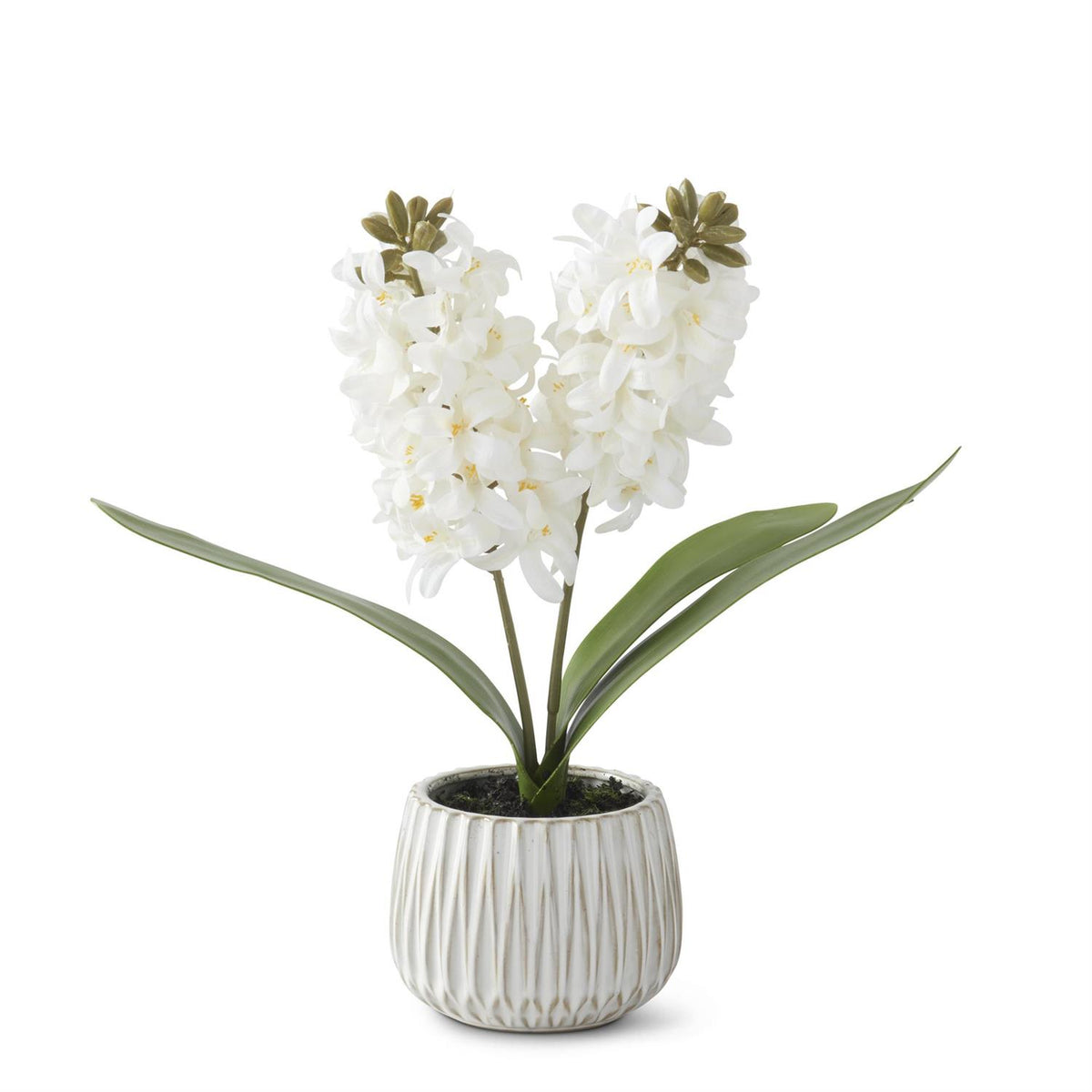 White ceramic pot holding a realistic white hyacinth plant with faux dirt in a 16-inch tall arrangement.