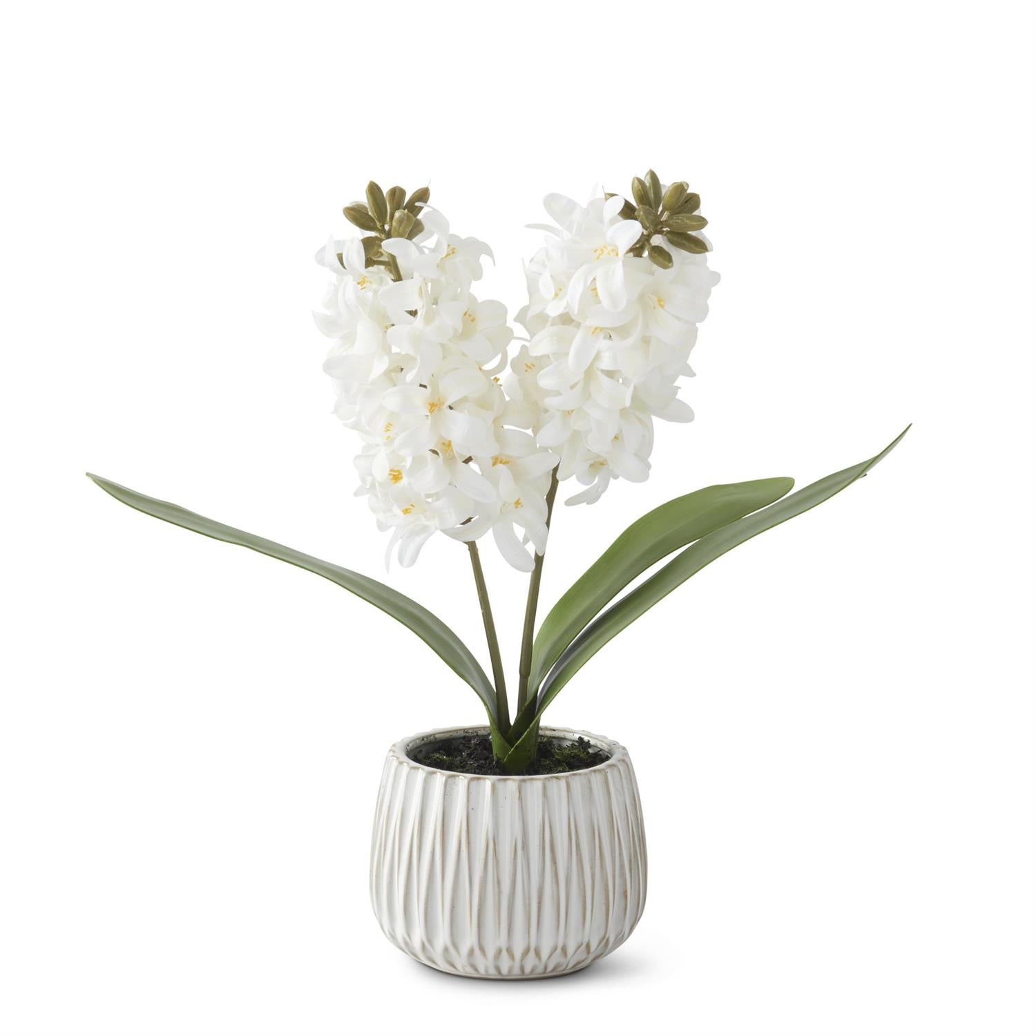 White ceramic pot holding a realistic white hyacinth plant with faux dirt in a 16-inch tall arrangement.