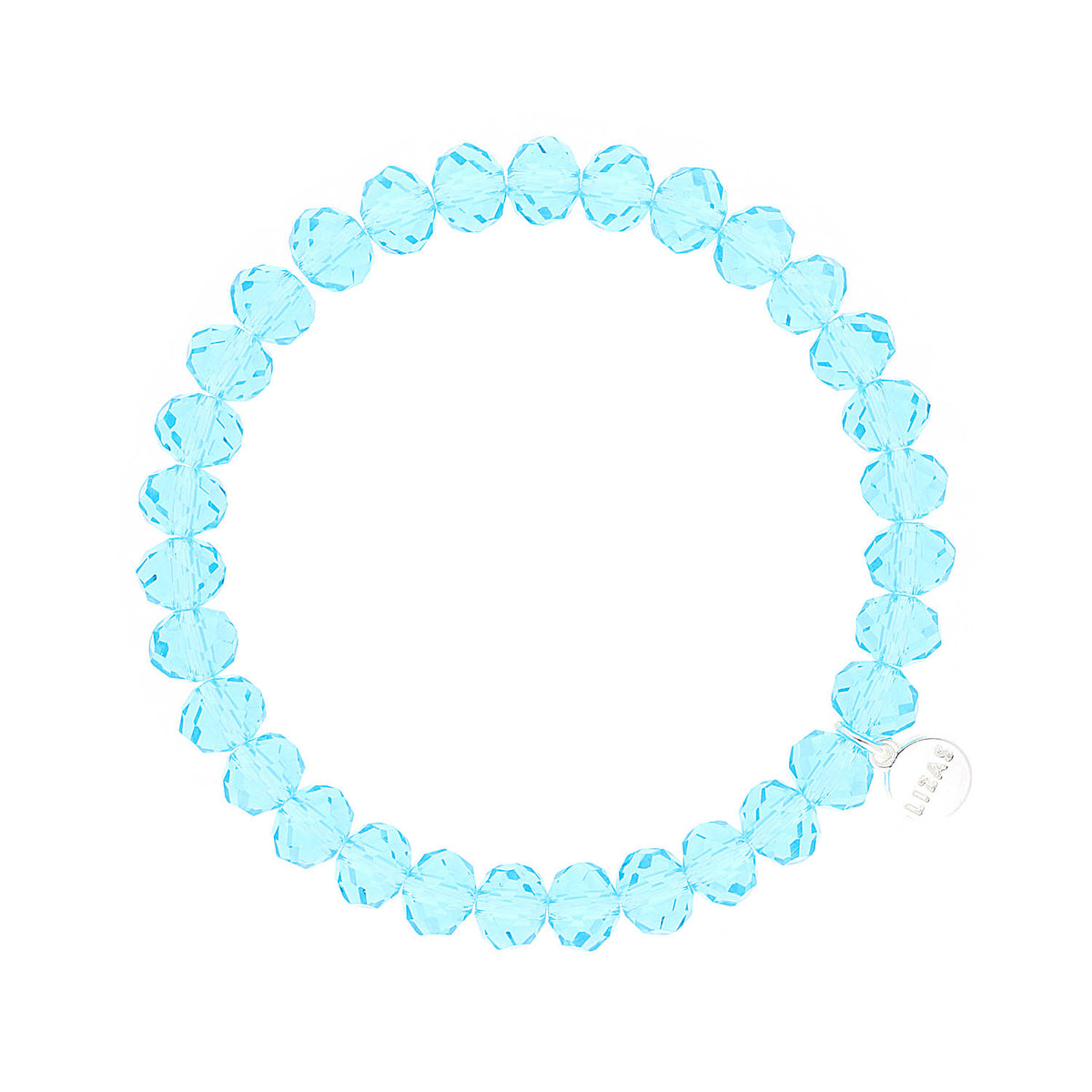 Bracelet Clarksville with faceted light blue glass beads and a silver logo charm.