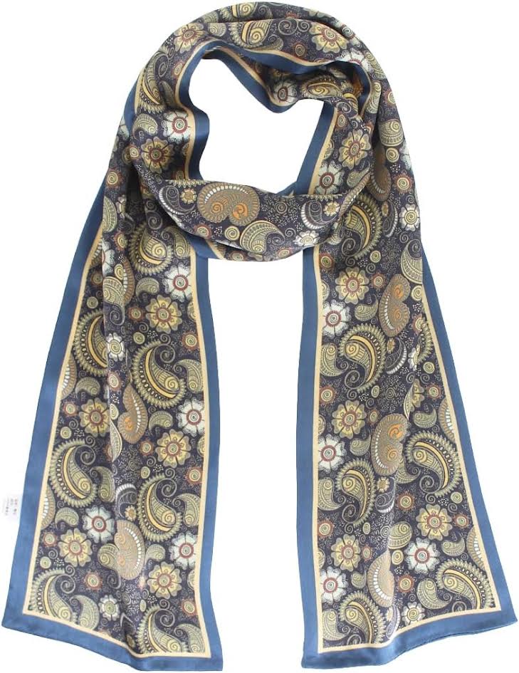 Slim reversible silk scarf with a navy blue border and a yellow and grey paisley floral pattern.