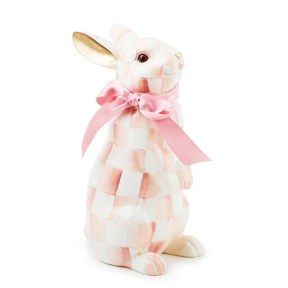 Rosy Check Standing Bunny figurine with a pink ribbon bow and gold-lined ears.