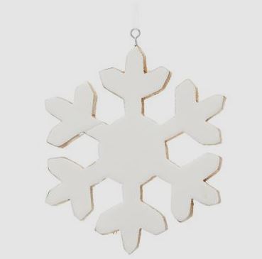 8-inch silver snowflake ornament with glittery white accents hanging from a gold loop.