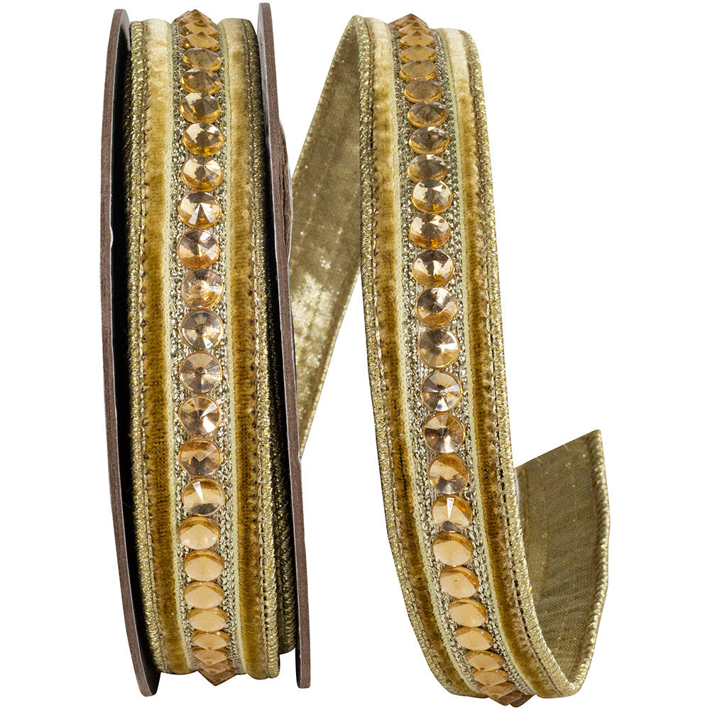 Gold metallic dupioni ribbon with plush velvet center, wired edge, and gold finish.
