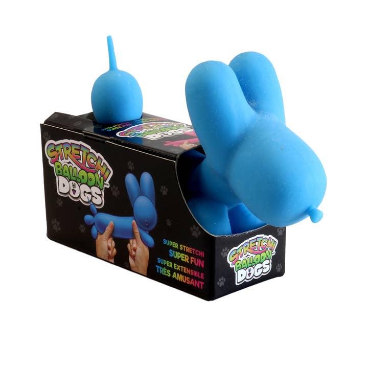 Stretchi Balloon Dog balloon animal toy in vibrant rainbow colors with a long neck and floppy ears.