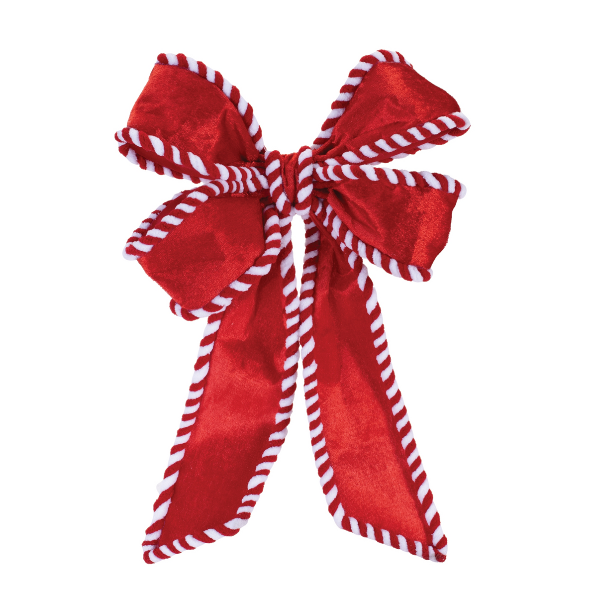 Red velvet Christmas bow with white candy cane striped trim, 14.5 inches high.