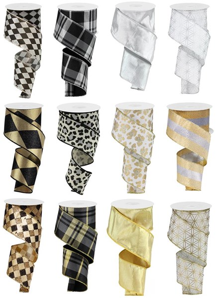 Twelve rolls of 2.5-inch wide metallic ribbon in various patterns like plaid, leopard, and geometric.