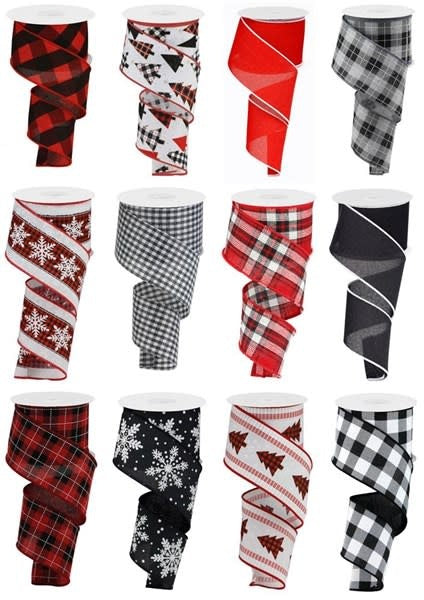 Twelve rolls of decorative wired ribbon in various holiday patterns, colors, and plaid designs.