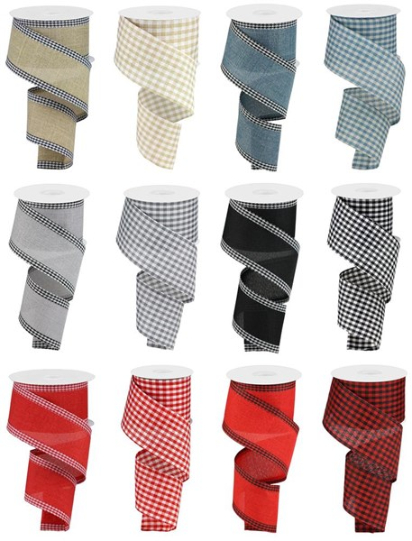 Twelve rolls of 2.5-inch wide farmhouse gingham and solid polyester ribbon in various colors.