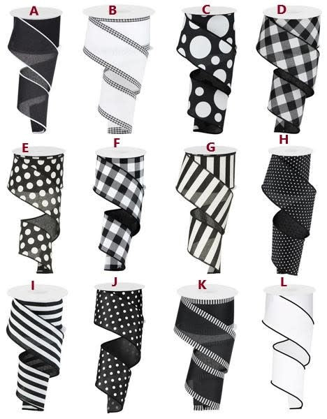 Twelve rolls of 2.5-inch wide black and white polyester ribbon in various patterns.