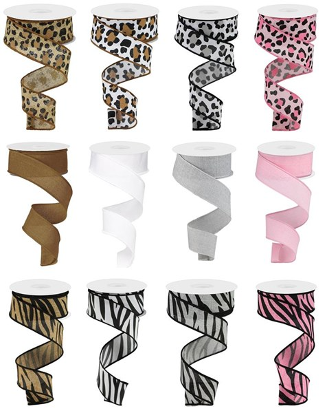A spool of leopard print ribbon made from polyester fabric.