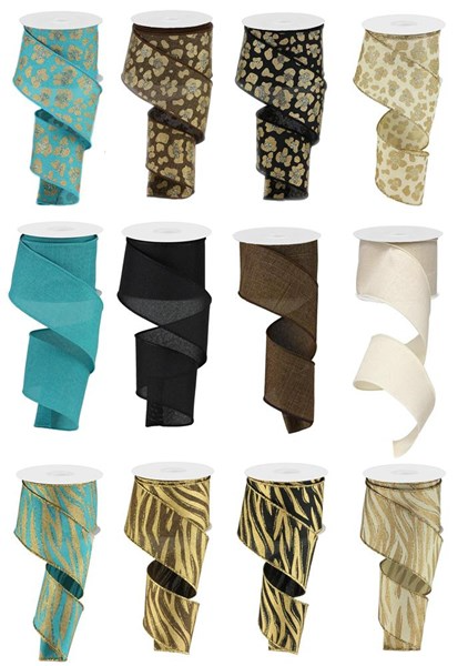 A grid of 12 rolls of 2.5-inch wide decorative polyester ribbon in various colors and patterns.