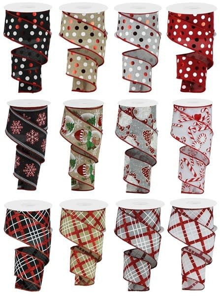 Twelve rolls of 2.5-inch wide polyester ribbon featuring various holiday patterns and colors.